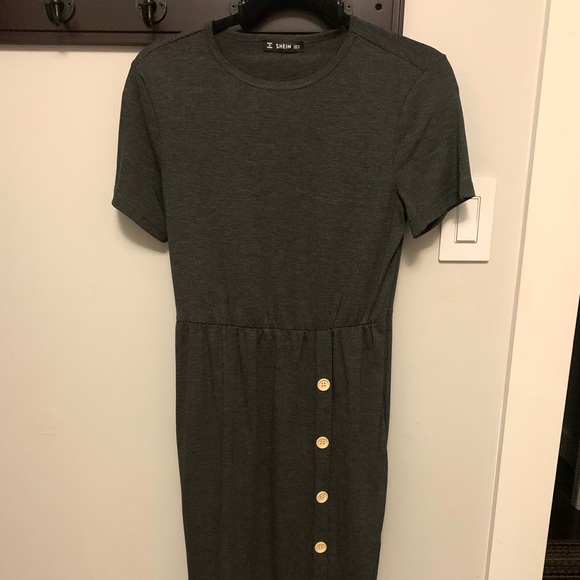 Grey Midi Jersey T-Shirt Dress with Button Detail - Picture 2 of 4